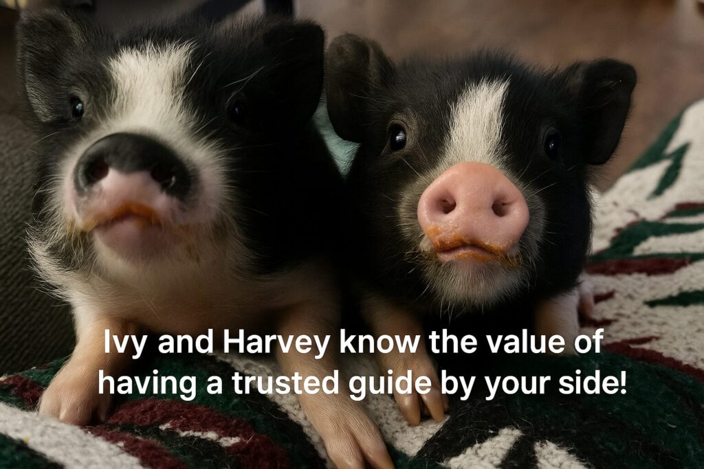 Ivy and Harvey, rescued therapy pigs, symbolizing compassion and trusted guidance for Medicare insurance plan clients in Southeast Georgia.